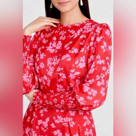 Never Fully Dressed Delores Dress 10 Red Pink Floral ruched bishop sleeves $103 - Picture 2 of 16